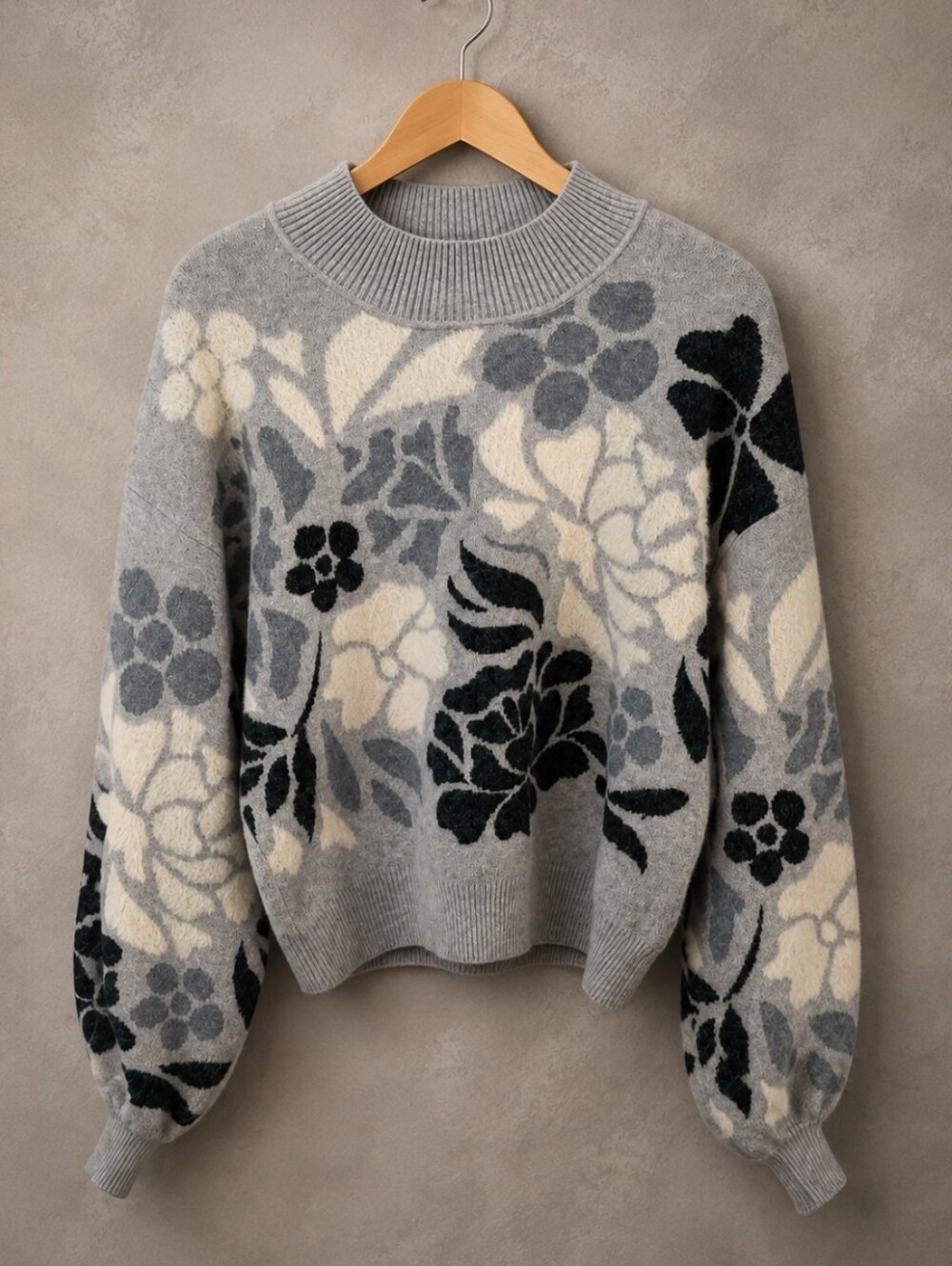 Premise Gray, Cream & Black Floral Crewneck Sweater